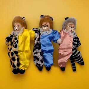 Porcelain Dolls Lion Painted Face Leopard Cheetah Romper Vintage Set Of 3 Kiss